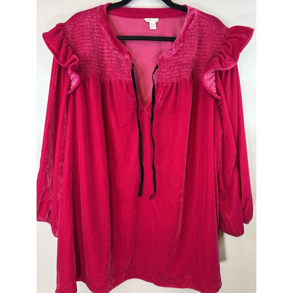 CATO Plus Size Hot Pink Velour LS Blouse W/Ruffled‎ Accents Size 26/28